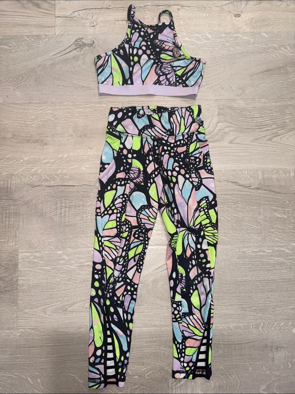 Girls Colorful Butterfly Print Active Set - Crop Top & Leggings Size 7/8
